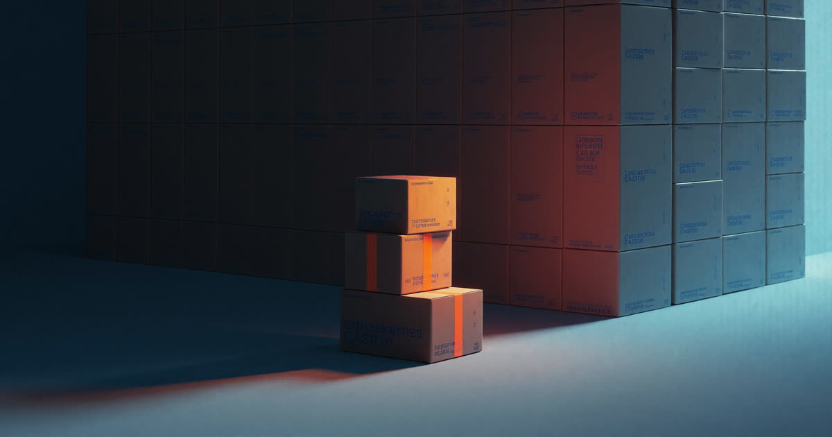 A small tidy stack of parcels beside a far larger wall of them, illustrating the gap between packing at home and full third-party logistics scale.