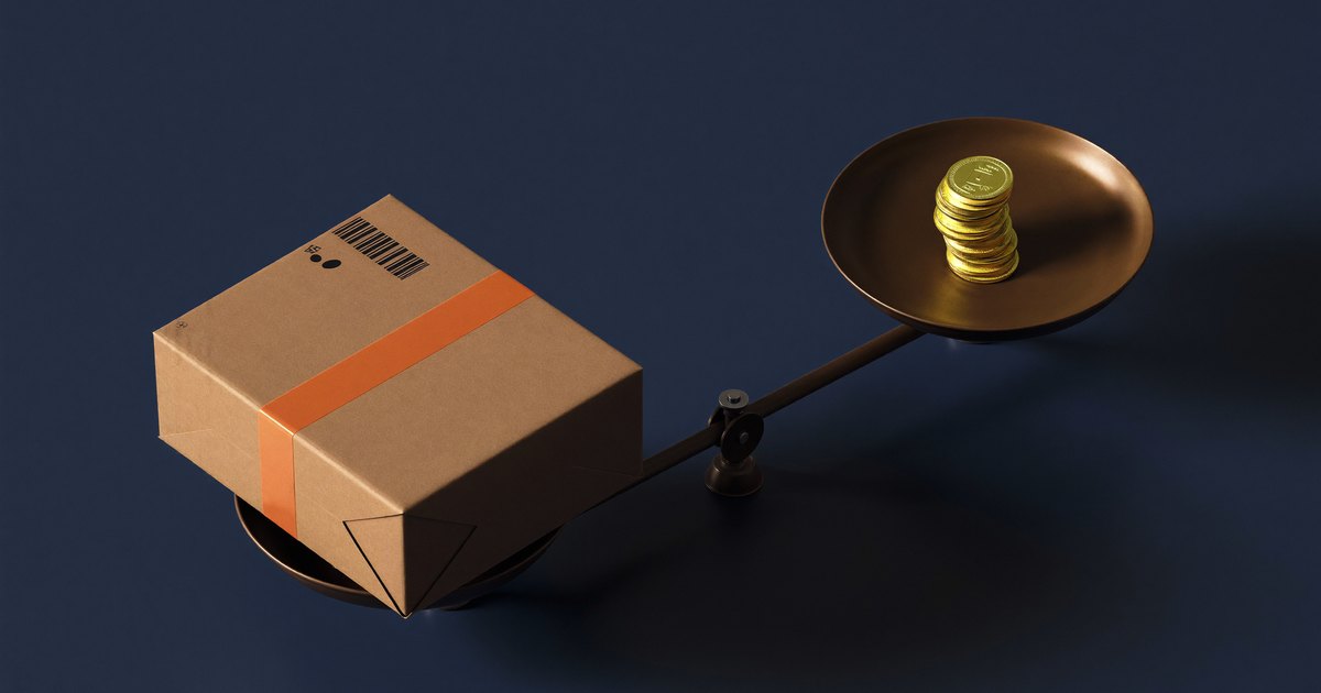 A cardboard parcel weighing down one pan of a balance scale against a small stack of gold coins on the other, illustrating packaging weight being converted into a recycling charge.