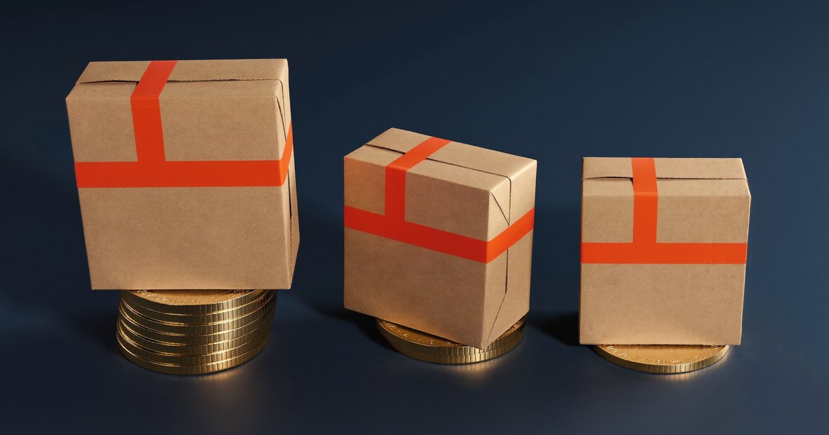 Three identical cardboard parcels resting on stacks of gold coins of descending height, illustrating the same parcel costing different amounts as peak season charges come and go.